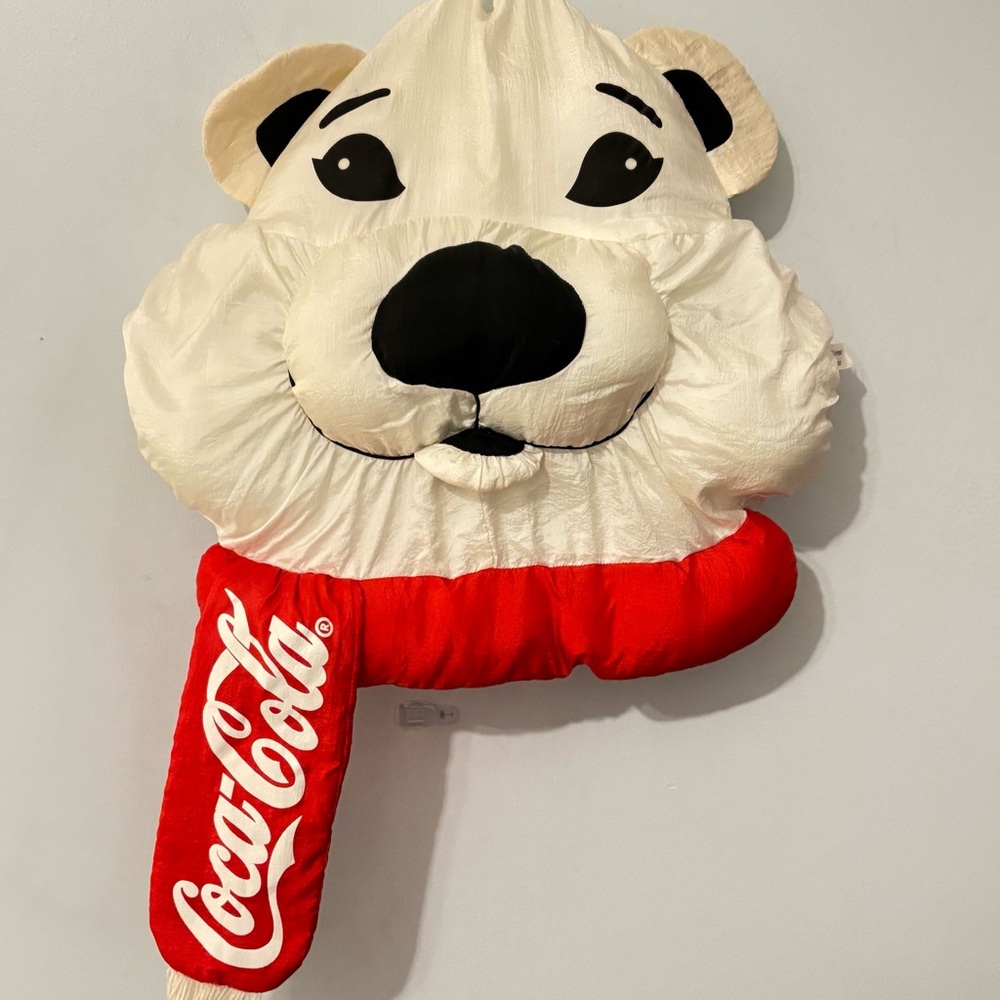 Vintage Jumbo Coca Cola Polar Bear Face Plush Pillow
Red Scarf Says Coca Cola